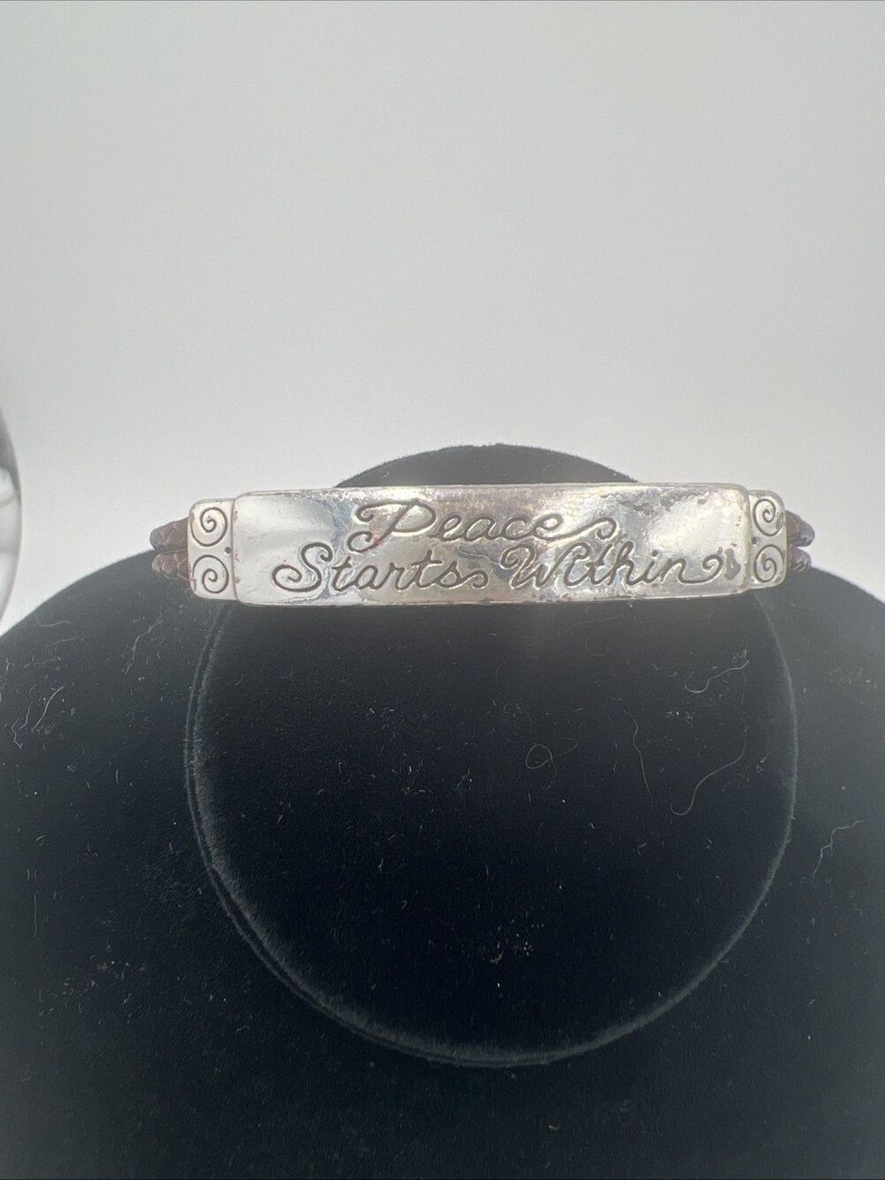 BRIGHTON Id Bracelet 'Peace Starts Within' Scroll 2 Brown Braided Cords 7.25"